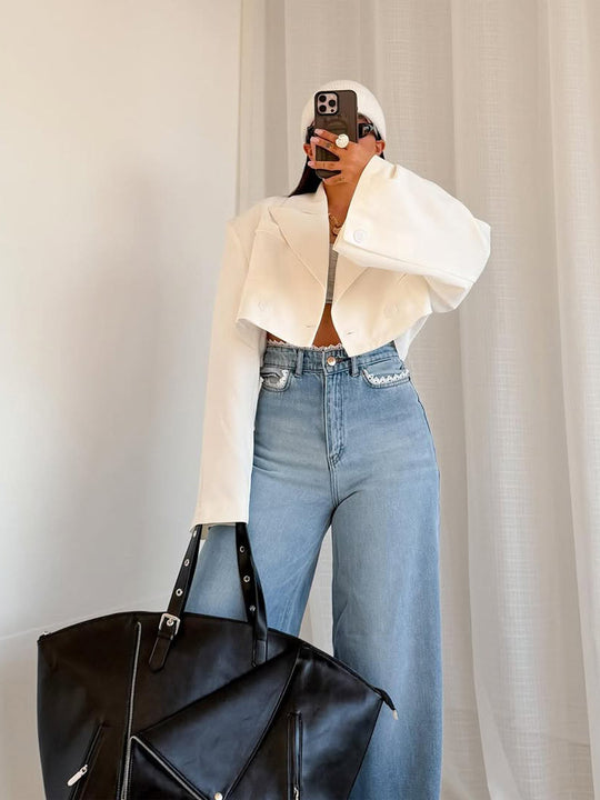 Damen Cropped-Boxy Kurzblazer mit kastiger Silhouette und überlangen Ärmeln Shop Nory