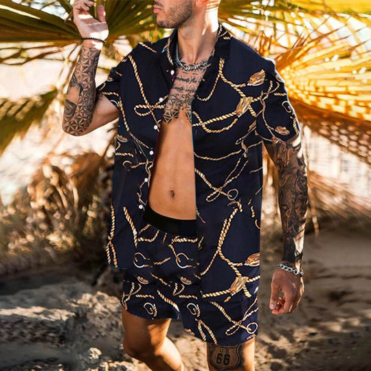 Herren nan barockgemustertes Kurzarm-Hemd mit passender locker geschnittener Shorts