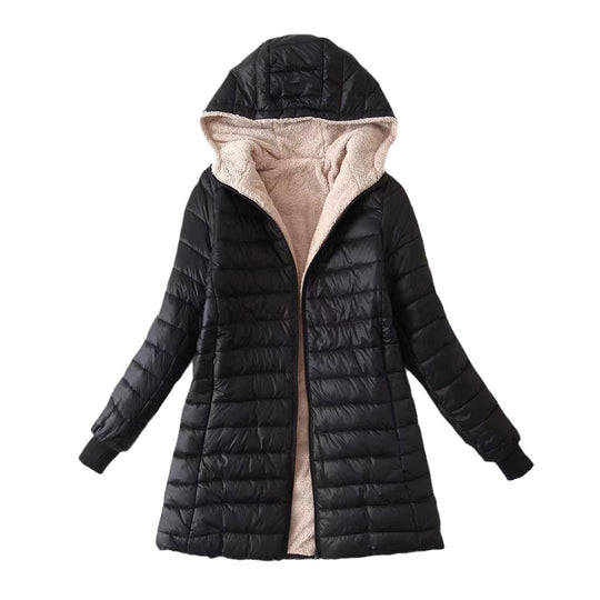 Damen Taillierter Steppmantel mit Teddyfutter und Kapuze Shop Nory