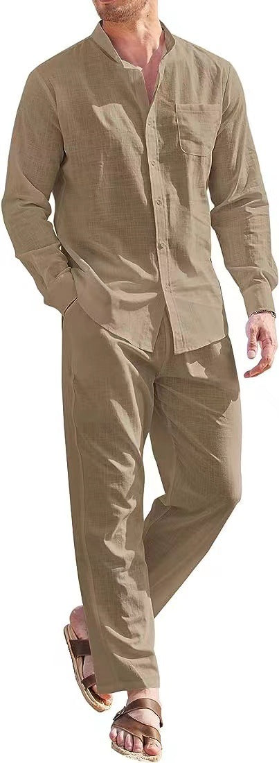Herren lässiges Leinenanzugset mit offenem Kragen und seitlichen Taschen