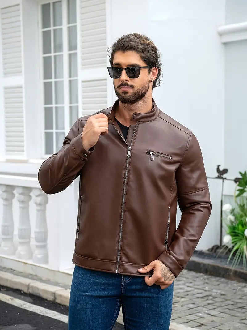 Herren moderne Kunstlederjacke mit Reißverschlüssen