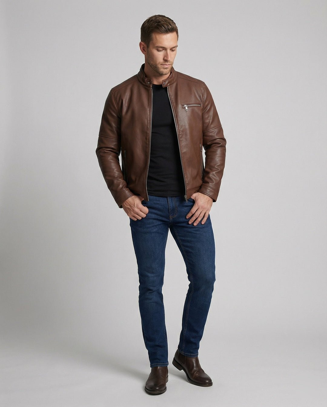 Herren moderne Kunstlederjacke mit Reißverschlüssen
