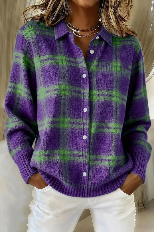 Damen Kariertes Strick-Hemdjacke-Cardigan mit Hemdkragen und gerippten Bündchen Shop Nory