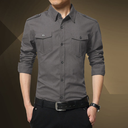 Herren Slim-Fit Baumwoll-Mix Utility-Hemd mit Schulterklappen und Brustpattentaschen Shop Nory
