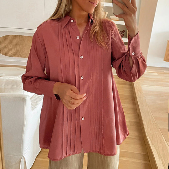Damen Plissierte Tunika-Bluse mit Hemdkragen und lockerer A-Linien-Silhouette Shop Nory