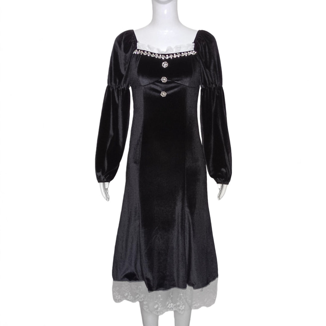 Damen Samt‑Midikleid mit quadratischem Ausschnitt, Puffärmeln und Spitzenuntertritt Shop Nory
