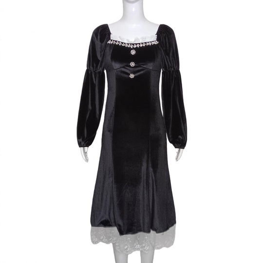 Damen Samt‑Midikleid mit quadratischem Ausschnitt, Puffärmeln und Spitzenuntertritt Shop Nory
