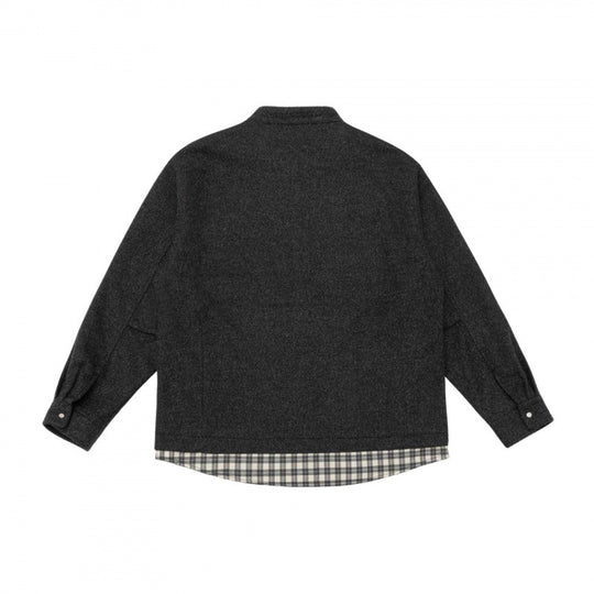 Unisex Oversize Wollmix-Hemdjacke mit Stehkragen, Druckknopfleiste und karierter Saumblende Shop Nory