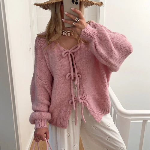 Damen Grobgestrickter Offener Cardigan mit Bindebändern, Oversize‑Silhouette und Raglanärmeln Shop Nory