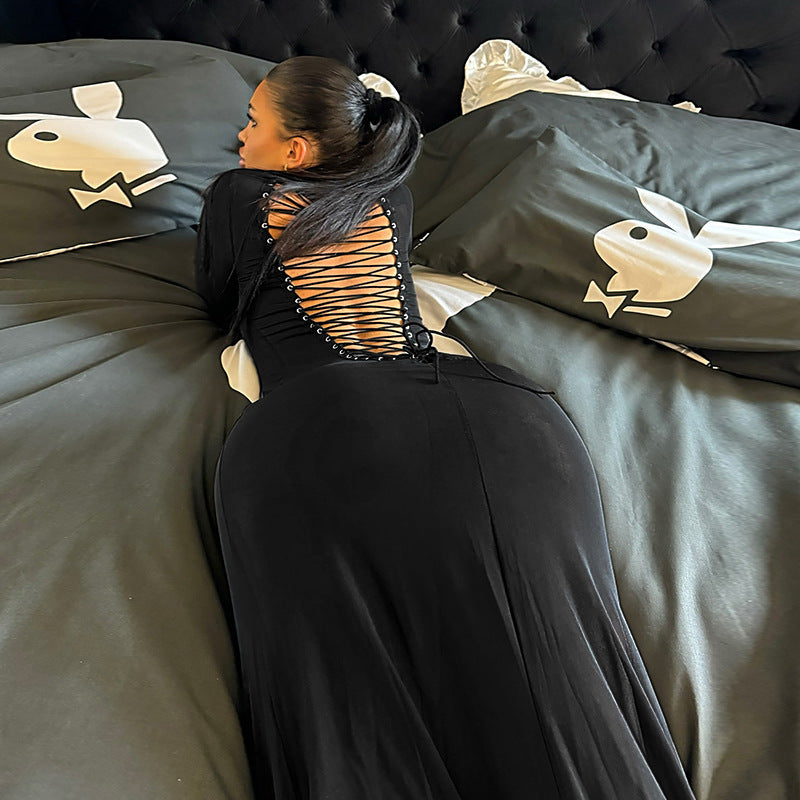 Damen Figurbetontes Maxikleid aus Stretch-Jersey mit langen Ärmeln und rundem Ausschnitt Shop Nory
