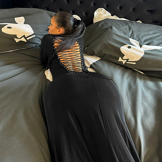 Damen Figurbetontes Maxikleid aus Stretch-Jersey mit langen Ärmeln und rundem Ausschnitt Shop Nory
