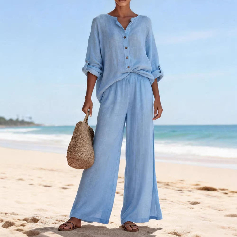 Damen Luftige Leinenbluse und weite Hose