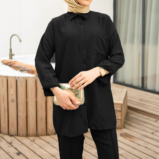 Damen Langes Tunika-Hemd mit Kentkragen und durchgehender Knopfleiste Shop Nory