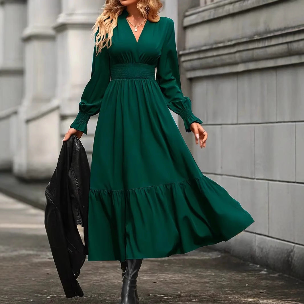 Damen Maxikleid mit elegantem V-Ausschnitt und voluminösen Ärmeln