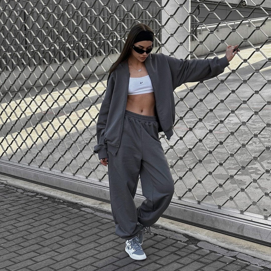 Damen Loose-Fit Freizeit-Set mit Zip-Kapuze und weitem Palazzo-Jogger Shop Nory