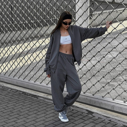 Damen Loose-Fit Freizeit-Set mit Zip-Kapuze und weitem Palazzo-Jogger Shop Nory