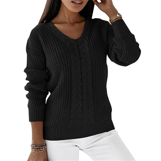 Damen nan grob gestrickter V-Ausschnitt Pullover mit Zopfmuster und lockerer Silhouette Shop Nory