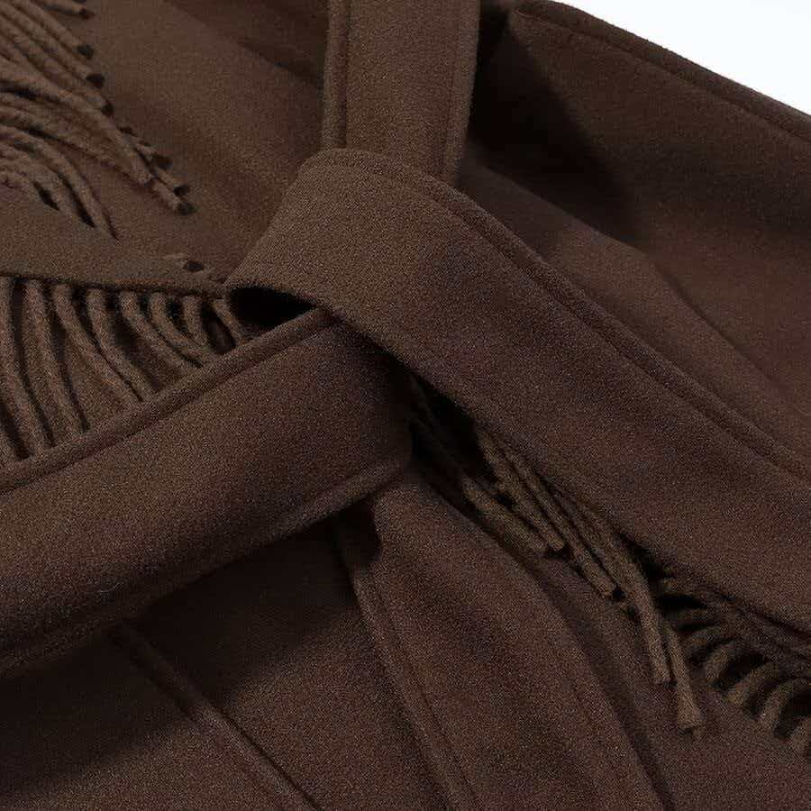 Damen Langer Fransen-Wollmix-Mantel mit Kapuze, Bindegürtel und aufgesetzten Taschen Shop Nory