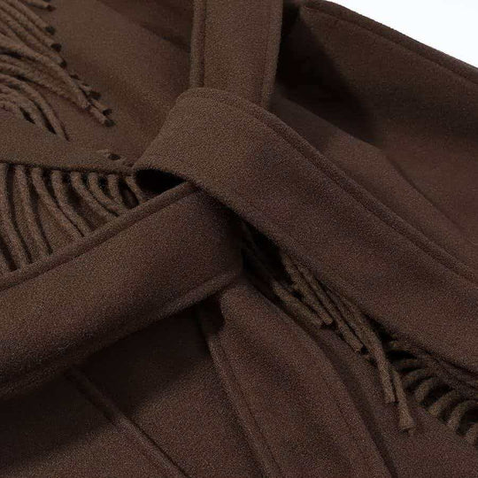 Damen Langer Fransen-Wollmix-Mantel mit Kapuze, Bindegürtel und aufgesetzten Taschen Shop Nory