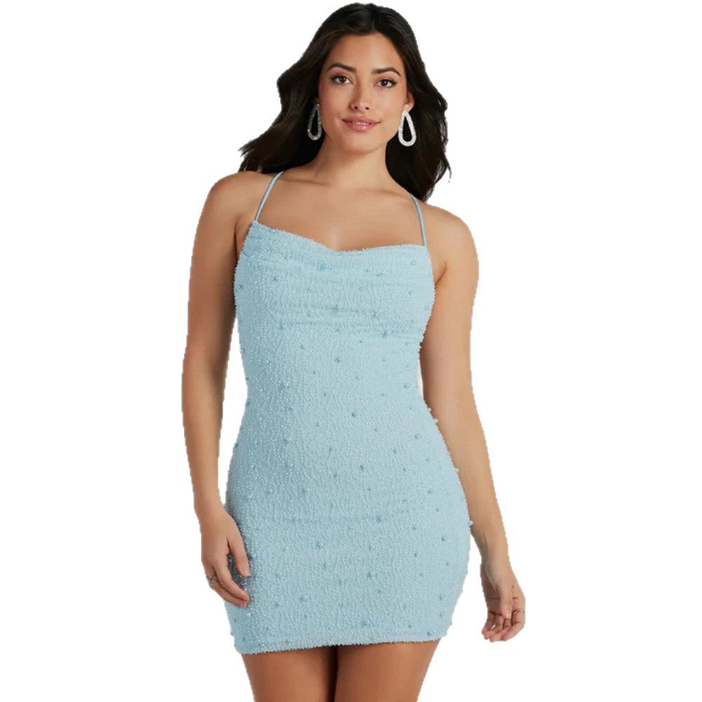 Damen Figurbetontes Minikleid mit schimmernden Perlen und Spaghettiträgern Shopnory