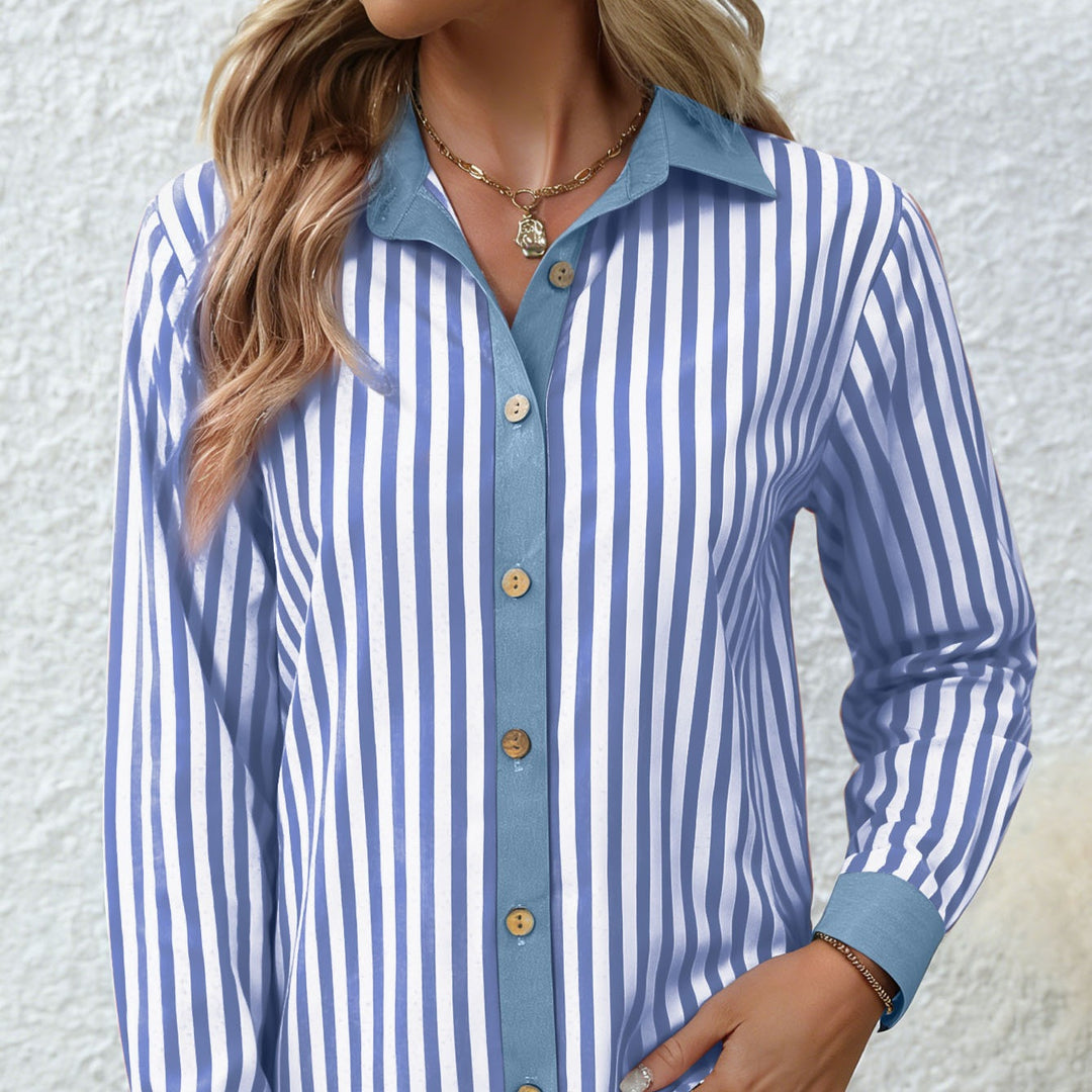 Damen Gestreifte Bluse mit Knotenfront, Kontrastkragen und knöpfbarer Hemdleiste Shop Nory
