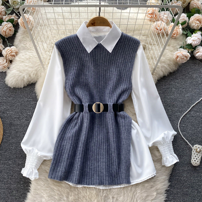 Damen Lagenlook-Bluse mit Rippstrick-Überwurf und Taillengürtel Shop Nory