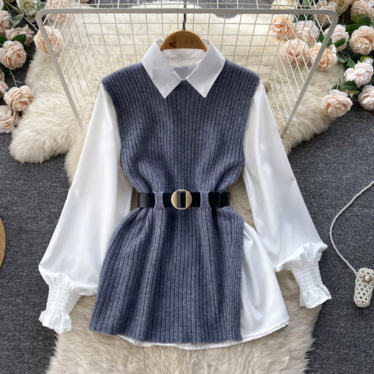 Damen Lagenlook-Bluse mit Rippstrick-Überwurf und Taillengürtel Shop Nory