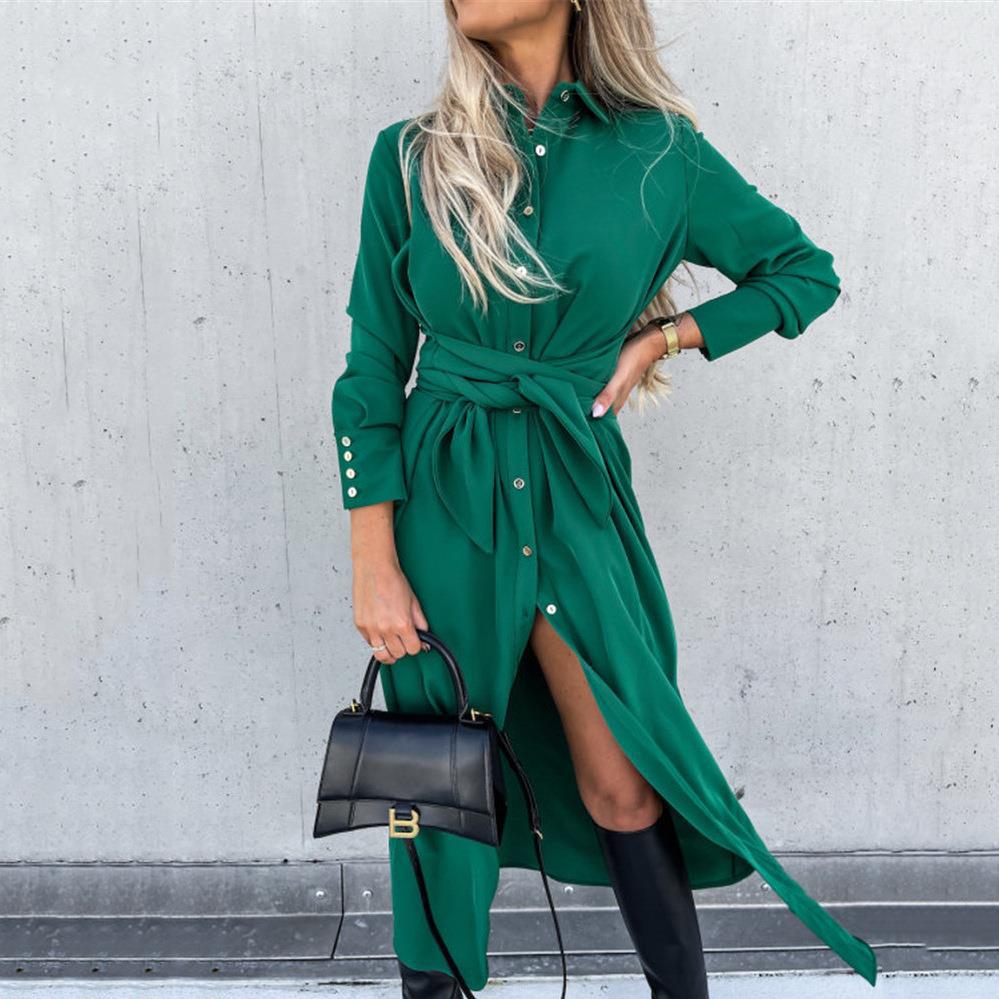 Damen Tailliertes Hemdblusen-Midikleid mit Bindegürtel, Manschetten und Frontschlitz Shop Nory