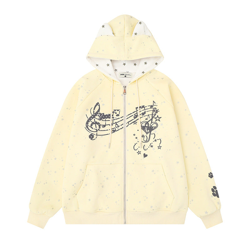 Damen Zip-Kapuzenjacke mit Musikprint, 3D-Ohrenkapuze und Pfoten-Applikation Shop Nory