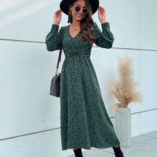 Damen Midikleid im Retro-Pünktchen-Design mit Wickeloptik, V-Ausschnitt und tailliertem Bindegürtel Shop Nory