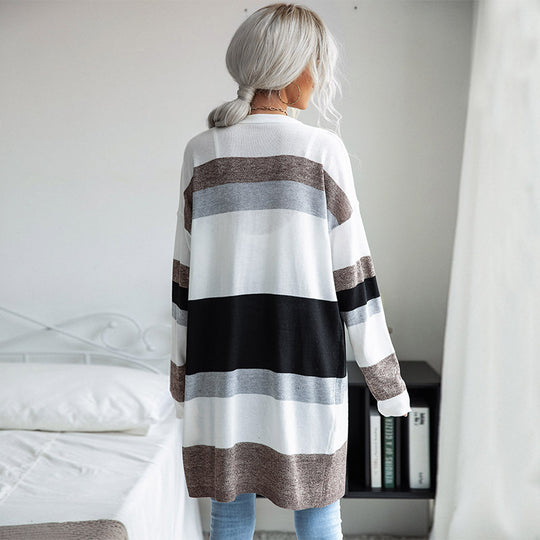 Damen Oversize Langer Strickcardigan mit Blockstreifen und offener Front Shop Nory