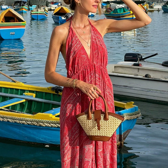 Damen Boho-Maxikleid mit Nackenband, Rückenfreiem Schnitt und Volant Shop Nory