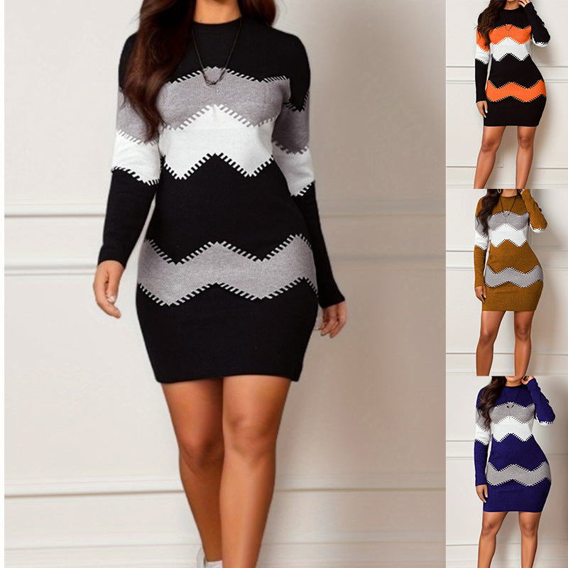Frauen Figurbetont Strick Mini Kleid mit langen Ärmeln und Zickzack-Muster Shop Nory