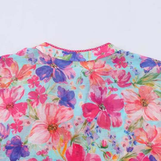 Damen Leichte Bluse im Aquarell-Floralmuster mit Stehkragen und dreiviertelärmeln Shop Nory