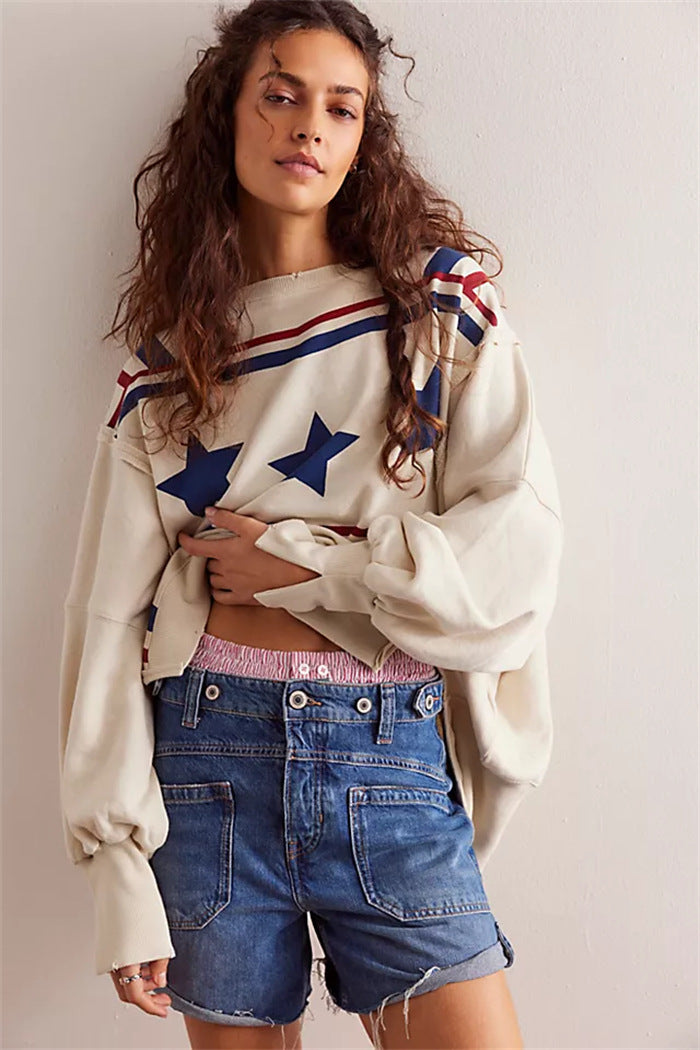 Damen oversized Sweatshirt mit Rüben-Print, ausgefransten Nahtakzenten und Daumenlochärmeln Shop Nory