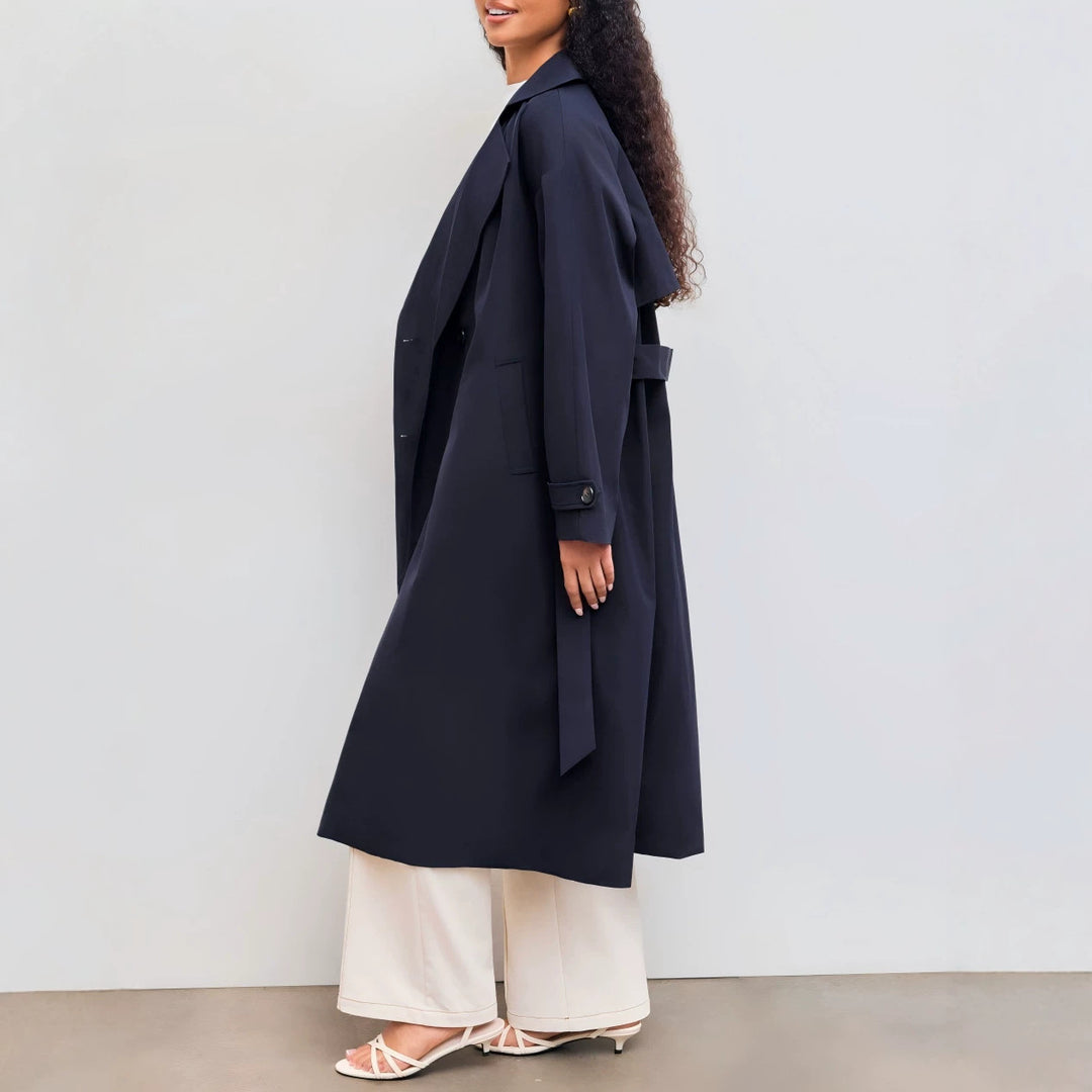 Damen Langer Trenchcoat-Mantel mit weiter Silhouette, Reverskragen und Taillengürtel Shop Nory