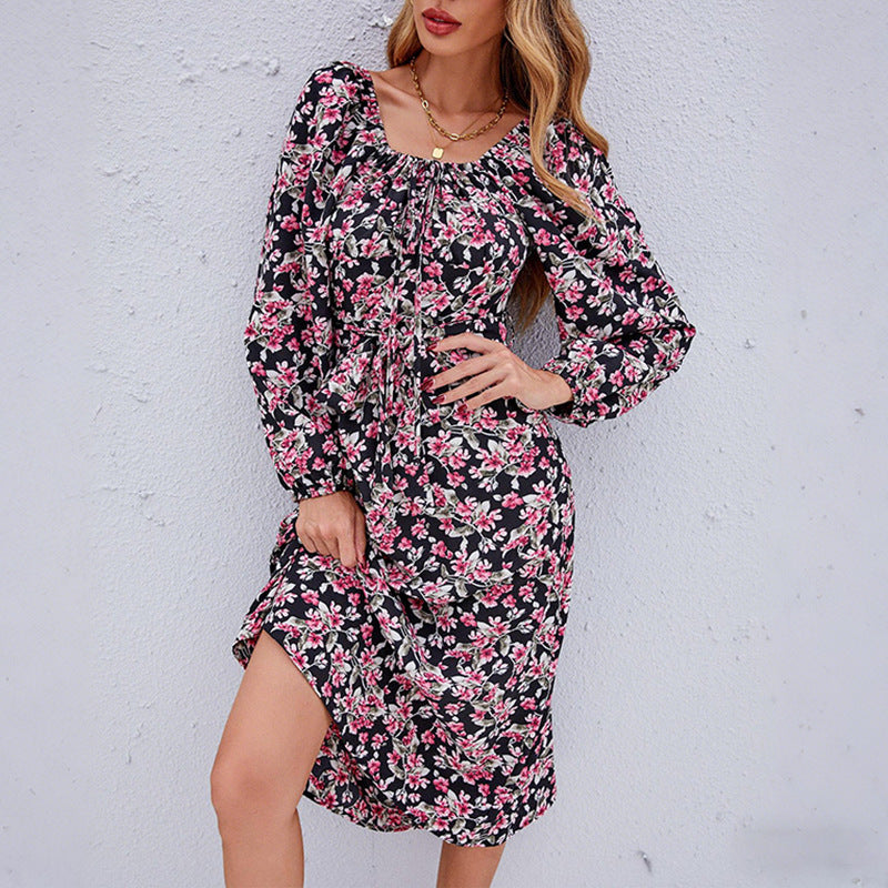 Damen GShop Norylümtes Midikleid mit gerafftem Rundhalsausschnitt, Taillenkordel und Ballonärmeln Shop Nory