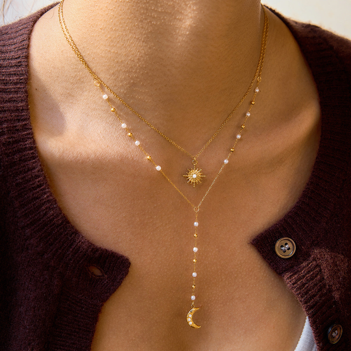 Damen Halskette mit elegantem Sonnen- und Monddesign aus hypoallergenem Edelstahl Shop Nory