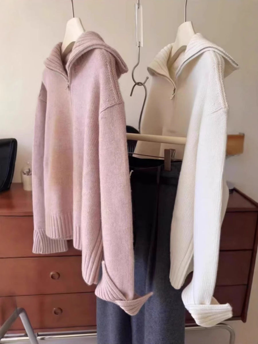 Damen Oversize Feinstrickpullover mit halbem Reißverschluss und weitem Rollkragen Shop Nory
