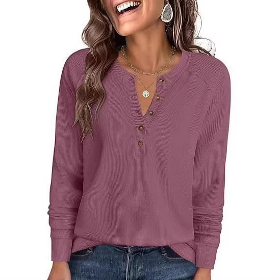 Damen Waffelstrick-Henley-Longsleeve mit Knopfleiste, Raglanärmeln und gerippten Bündchen Shop Nory
