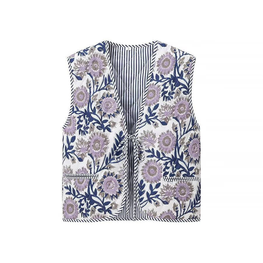 Damen Gepolsterte Steppweste mit floraler Allover-Optik und Bindeband Shop Nory
