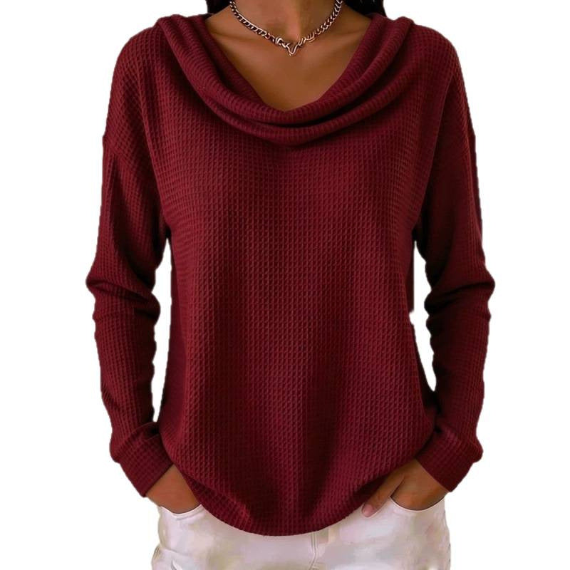 Damen Lässiger Waffelstrick-Pullover mit weitem Wasserfallkragen und gerundetem Saum Shop Nory