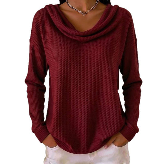 Damen Lässiger Waffelstrick-Pullover mit weitem Wasserfallkragen und gerundetem Saum Shop Nory