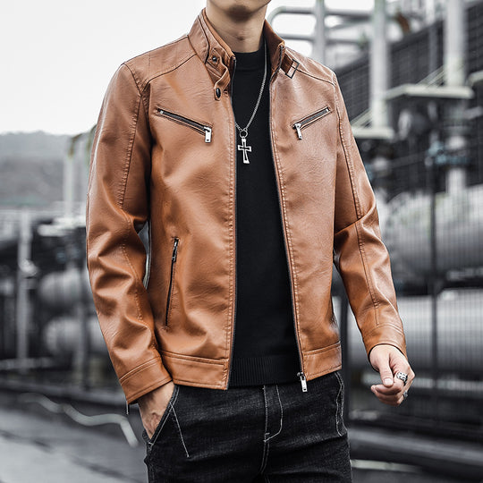 Herren Kunstleder-Motojacke im Aviator‑Stil mit Stehkragen und funktionalen Reißverschlüssen Shop Nory