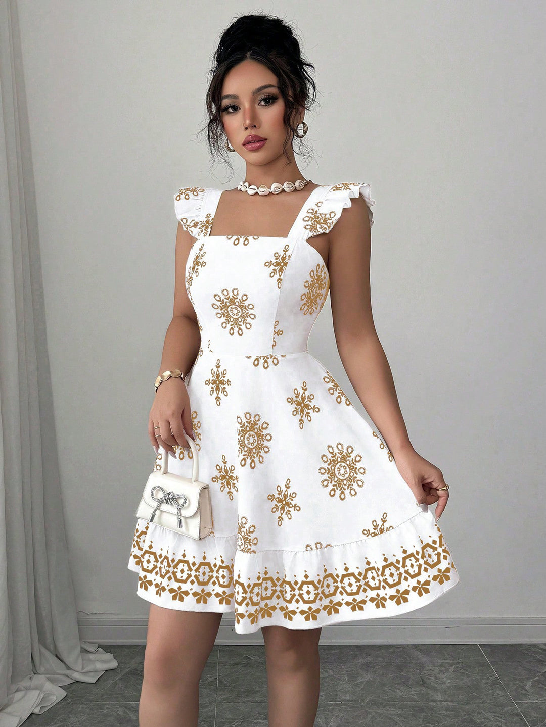 Damen Gestuftes Sommerkleid mit Quadrat-Ausschnitt, Rüschen-Trägern und bestickter A-Linie Shop Nory