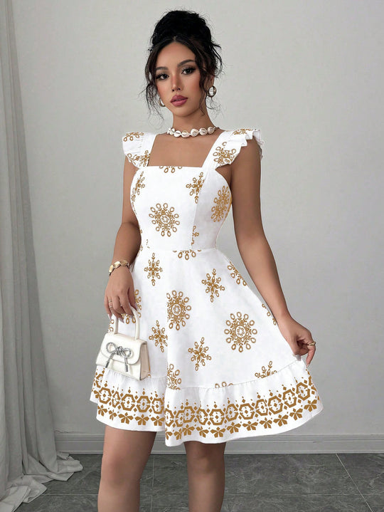 Damen Gestuftes Sommerkleid mit Quadrat-Ausschnitt, Rüschen-Trägern und bestickter A-Linie Shop Nory
