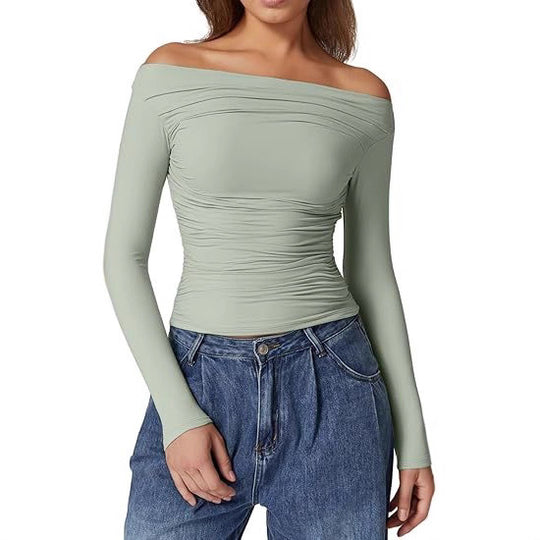 Damen Schulterfreies tailliertes Stretch-Longsleeve mit Raffung und figurbetonter Silhouette Shop Nory