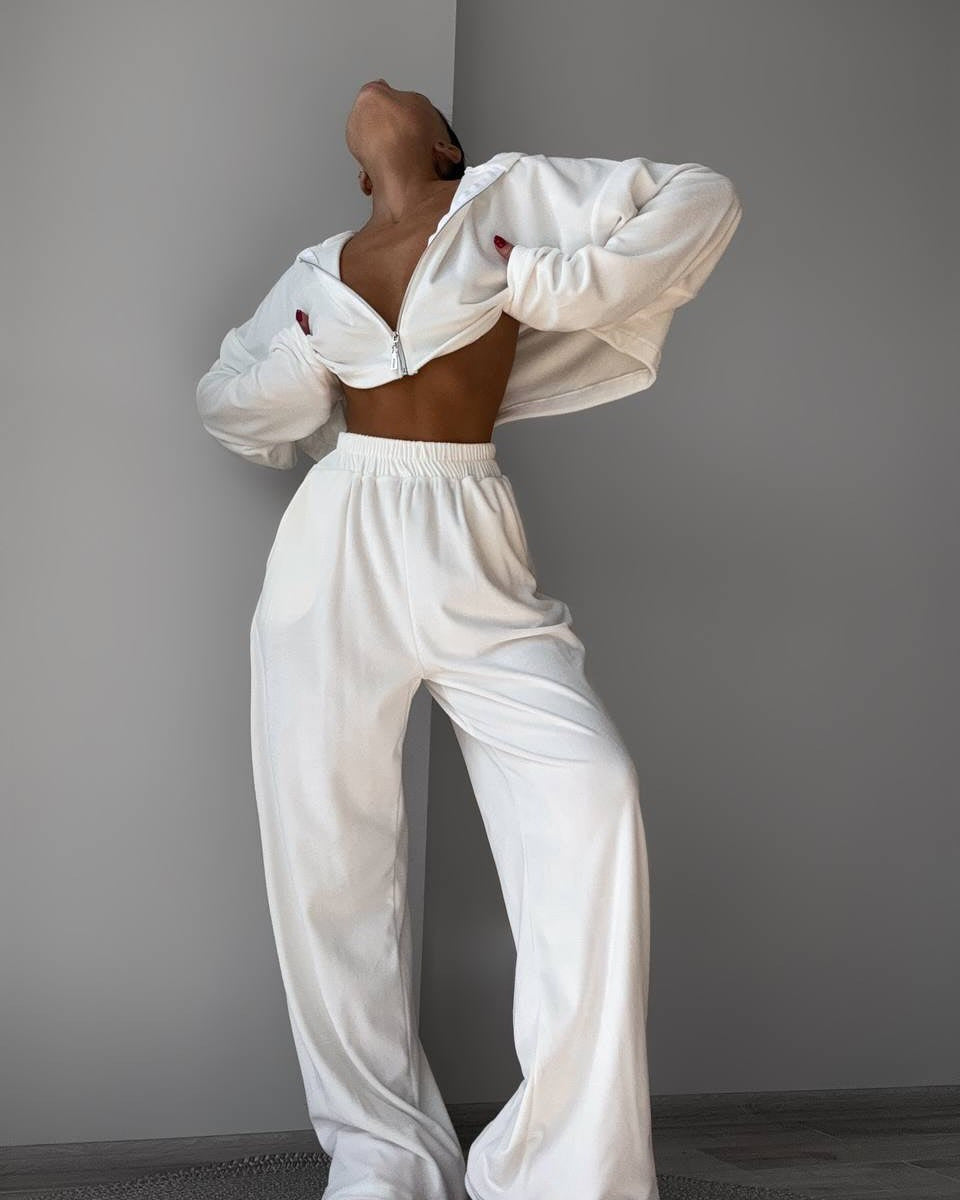 Damen kurzes Samt-Cropped-Zipshirt mit weitem High‑Waist Palazzo‑Hose Zweiteiler Shop Nory