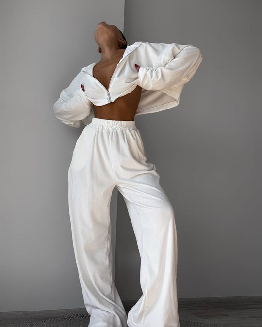 Damen kurzes Samt-Cropped-Zipshirt mit weitem High‑Waist Palazzo‑Hose Zweiteiler Shop Nory