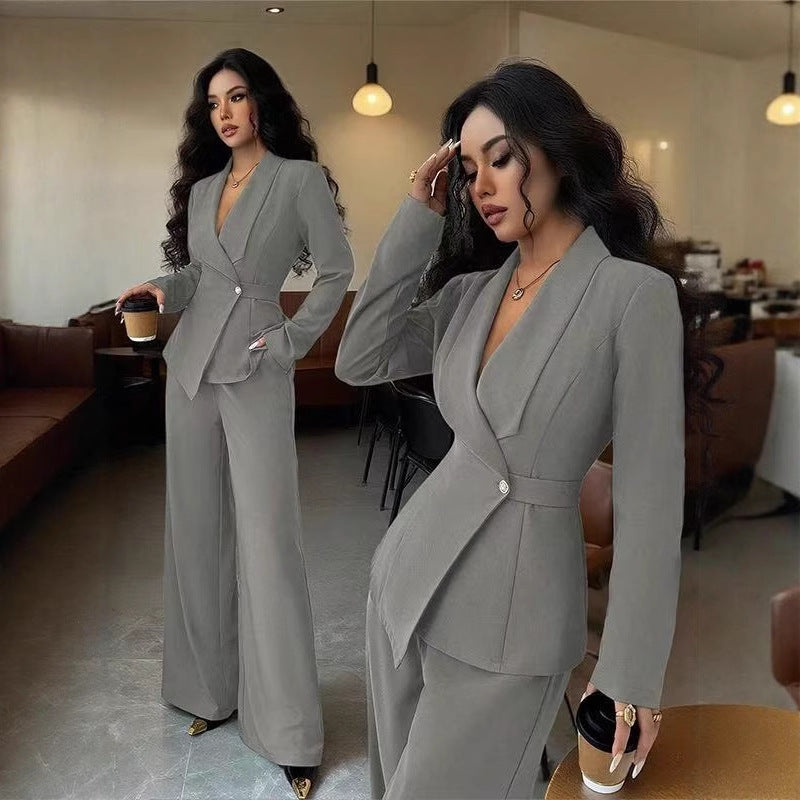 Damen tailliertes Hosenanzug-Set mit asymmetrischem Blazer und weitem Bein Shop Nory